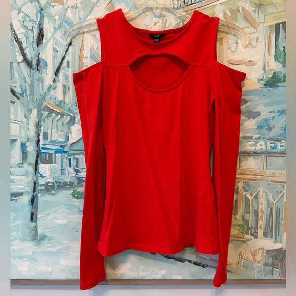 Guess Vibrant Red Cold Shoulder Peekaboo Chest Long Sleeve Top Size XS - Picture 2 of 4